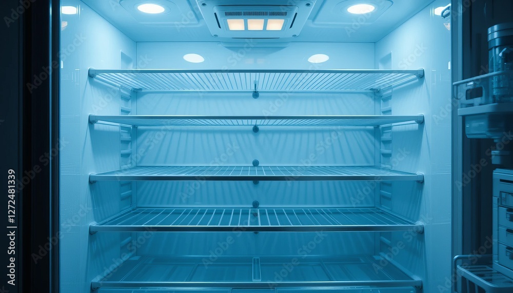 Empty fridge in the kitchen with open door and clean shelves Empty fridge in the kitchen with open door and clean shelves
