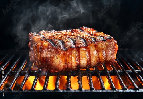 Large Piece of Marinated Meat Baking on the Grill with Smoke Rising and Perfect Grill Marks