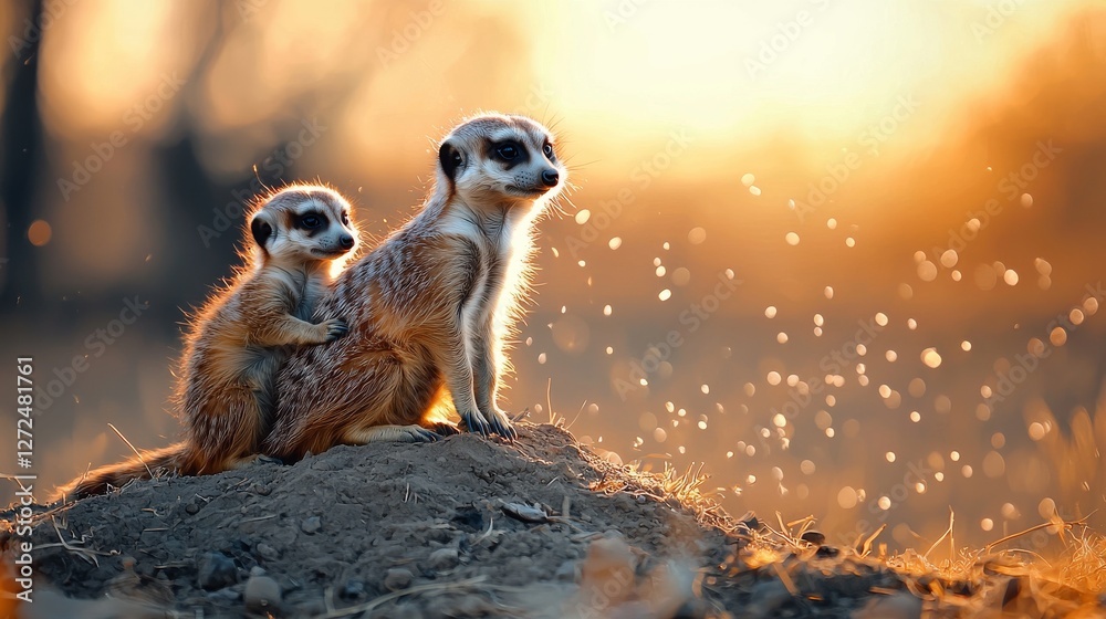 Fototapeta premium A Lively Family Scene of Meerkats Standing on a Mound During Sunset with a Warm Glowing Background