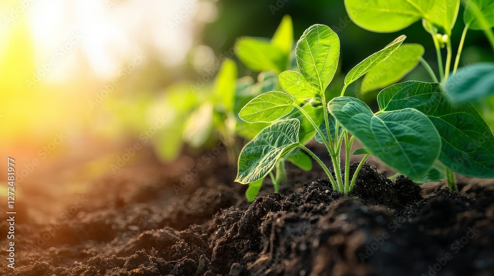 Naklejka premium Growth Stages of Soybean Plants in Natural Light with Focus on Leaves and Soil Detail