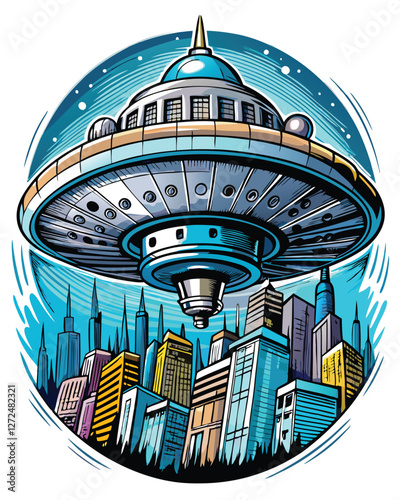 A classic silver flying saucer silently hovers above a futuristic cityscape at night, emitting a soft, ethereal glow.  Detailed city lights reflect on its underside.