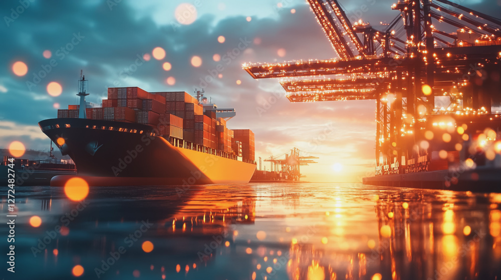 Obraz premium Container truck in ship port for business Logistics and transportation of Container Cargo ship and Cargo plane with working crane bridge in shipyard at sunrise, logistic import export and transport