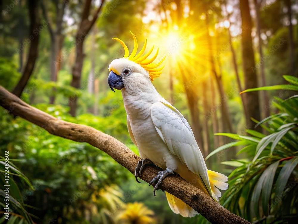 Majestic White Cockatoo with Yellow Crest Perched on Branch in Lush Forest - Aerial View Majestic White Cockatoo with Yellow Crest Perched on Branch in Lush Forest - Aerial View