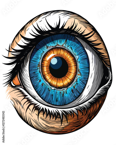 Close-up macro photograph of a human eye, showcasing intricate iris detail and visible blood vessels. High resolution, vibrant color.