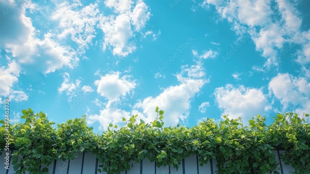 Lush green foliage atop a fence against a vibrant blue sky filled with fluffy white clouds. Ideal for nature, spring, or growth-related projects needing a cheerful background. Lush green foliage atop a fence against a vibrant blue sky filled with fluffy white clouds. Ideal for nature, spring, or growth-related projects needing a cheerful background.