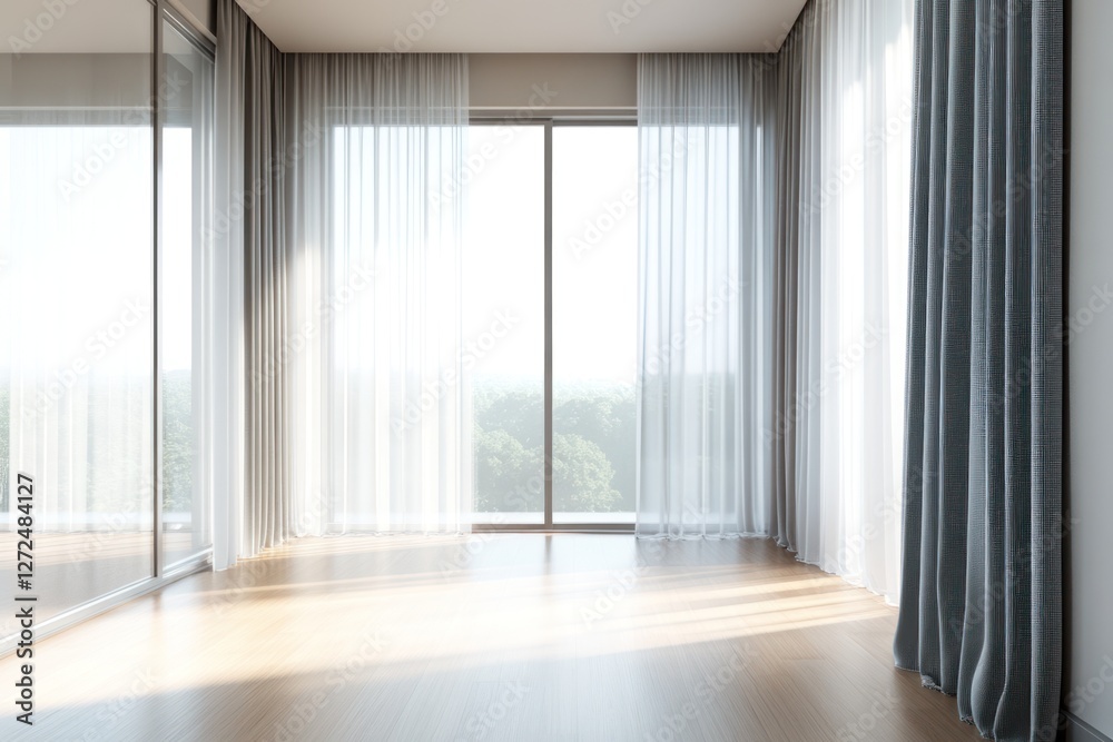 Fototapeta premium Sunny empty room, hardwood floor, city view, curtains, interior design