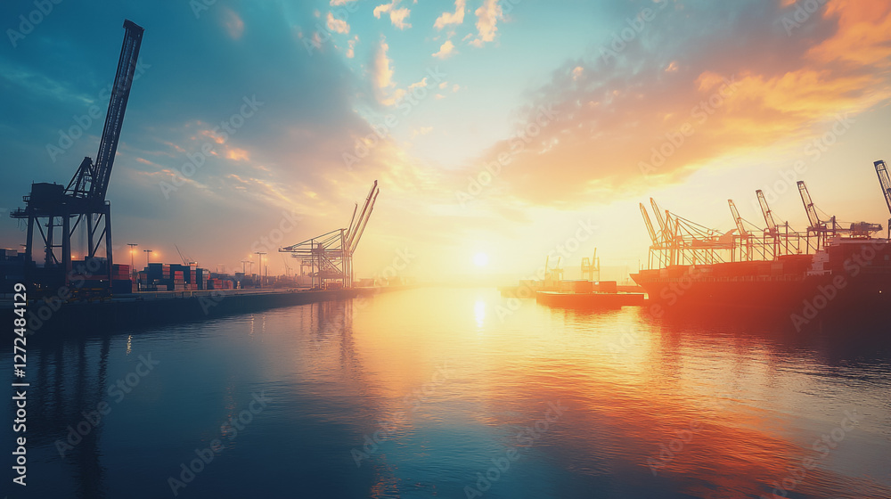 Obraz premium Container truck in ship port for business Logistics and transportation of Container Cargo ship and Cargo plane with working crane bridge in shipyard at sunrise, logistic import export and transport