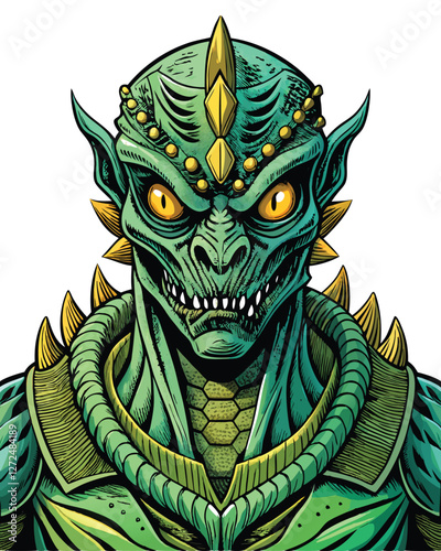 A close-up portrait of a reptilian alien, showcasing detailed scales, sharp claws, and vertical slit pupils; emphasizing intricate textures and realistic features.