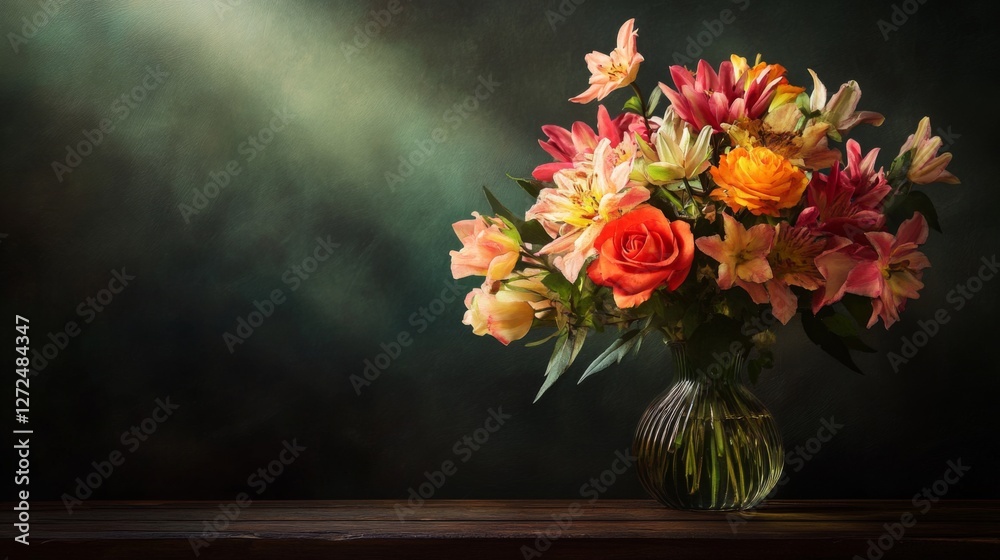 Fototapeta premium Colorful bouquet in glass vase, dark background, floral arrangement, greeting card