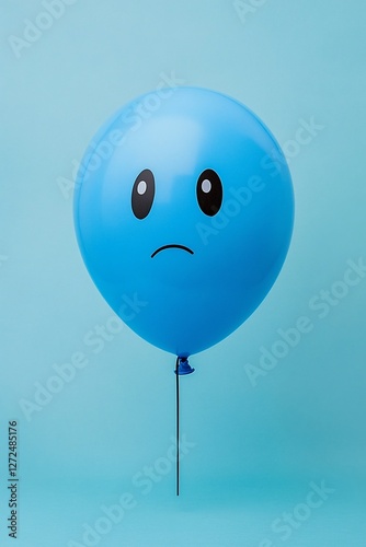 A single blue balloon with a sad face floats against a light blue background. Minimalist image conveying feelings of sadness or disappointment.