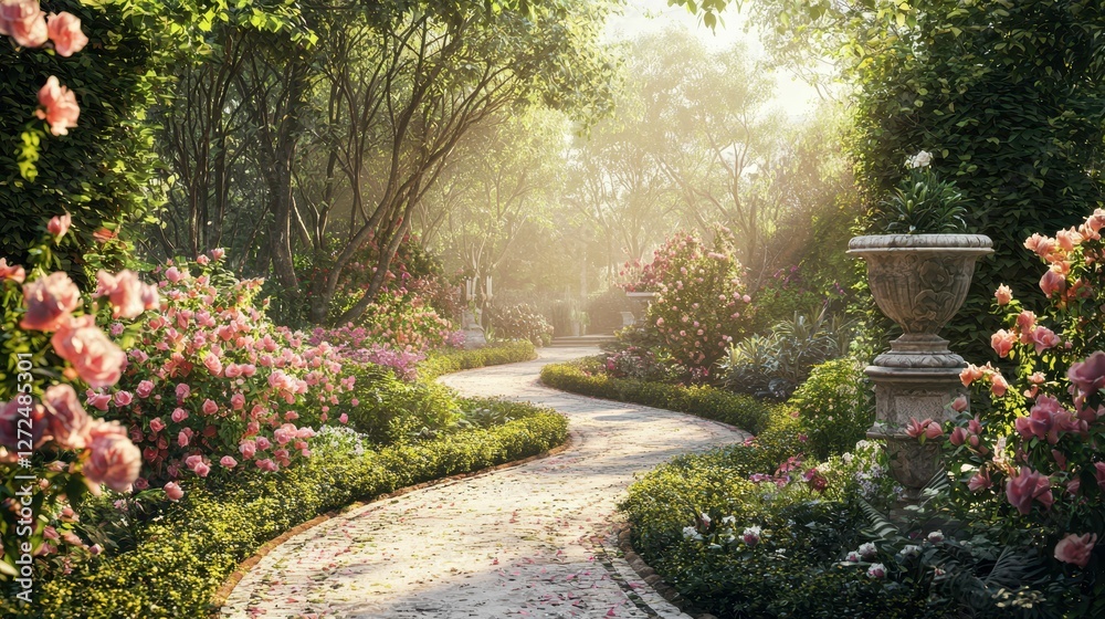 Fototapeta premium Winding Path Through a Vintage Garden Filled with Beautiful Flowers