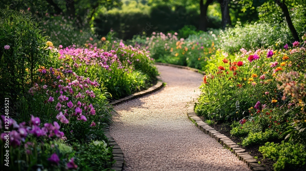 Serene Garden Pathway with Colorful Flowers and Soft Natural Light Serene Garden Pathway with Colorful Flowers and Soft Natural Light