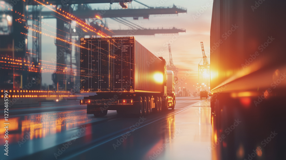 Fototapeta premium Container truck in ship port for business Logistics and transportation of Container Cargo ship and Cargo plane with working crane bridge in shipyard at sunrise, logistic import export and transport