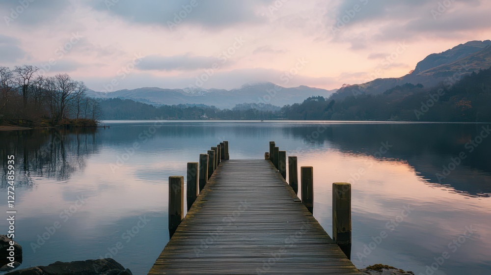 Fototapeta premium Serene Lakeside View with Tranquil Wooden Pier and Scenic Horizon