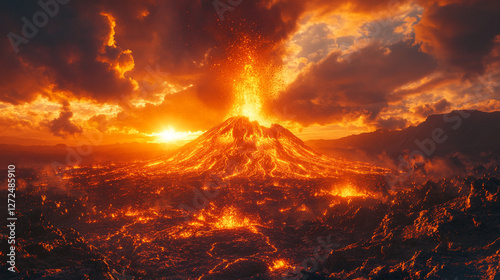 The volcano is erupting violently, with lava flowing down in all directions. The sky-high fire column and the flow of red-hot lava cover the ground and create a spectacular view.
