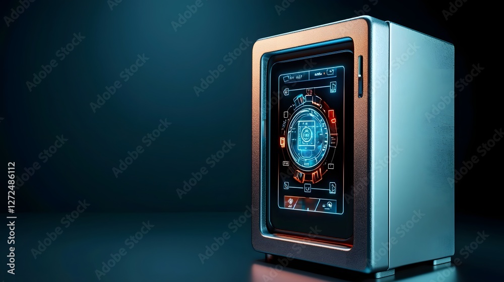 Futuristic digital safe with advanced touchscreen interface and holographic display technology showcasing the latest in high security data protection and storage solutions for the future Futuristic digital safe with advanced touchscreen interface and holographic display technology showcasing the latest in high security data protection and storage solutions for the future