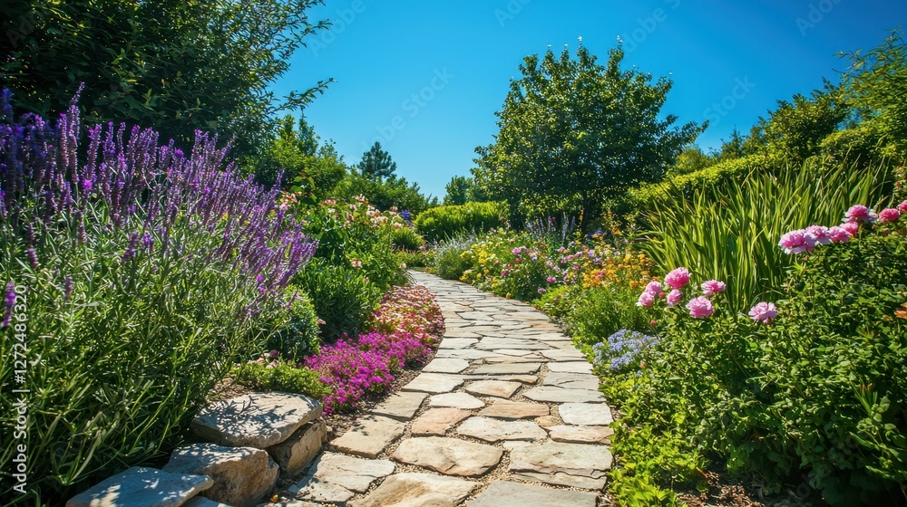 Serene Pathway Through a Picturesque Garden Under Clear Blue Sky Serene Pathway Through a Picturesque Garden Under Clear Blue Sky