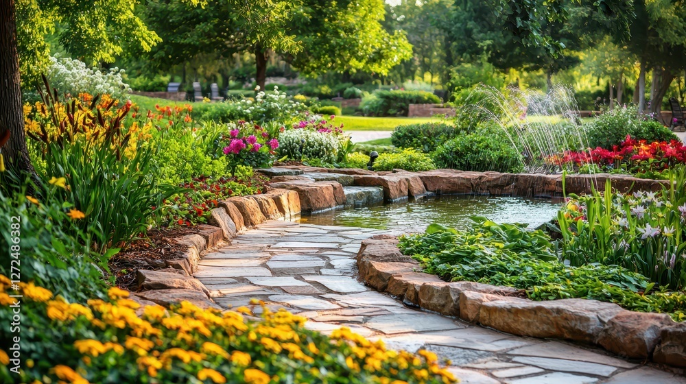 Scenic Garden Pathway With Flowers and Water Features in Retreat Scenic Garden Pathway With Flowers and Water Features in Retreat