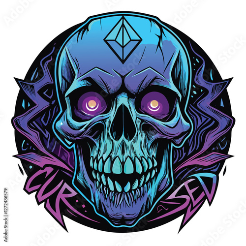 A terrifying skull, cursed and ancient, with vibrant glowing runes carved into its surface; emanating an eerie, magical aura.