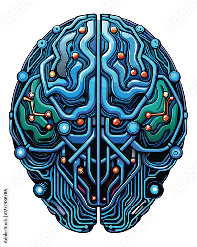 A detailed image of a cybernetic human brain, intricately engraved with glowing neon circuits and intricate wiring.  Focus on the biomechanical fusion.