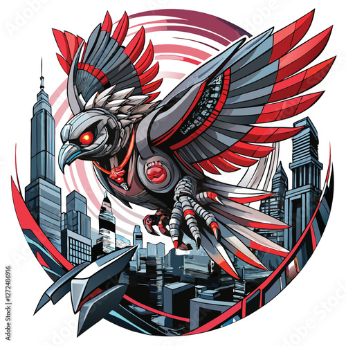 A majestic cybernetic eagle, metallic feathers gleaming, soars through a futuristic cityscape at sunset; neon lights illuminate its advanced mechanics.