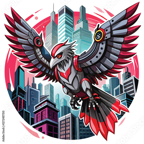 A majestic cybernetic eagle, sleek metallic feathers gleaming, soars through a futuristic cityscape at sunset; neon lights illuminate its powerful wings.