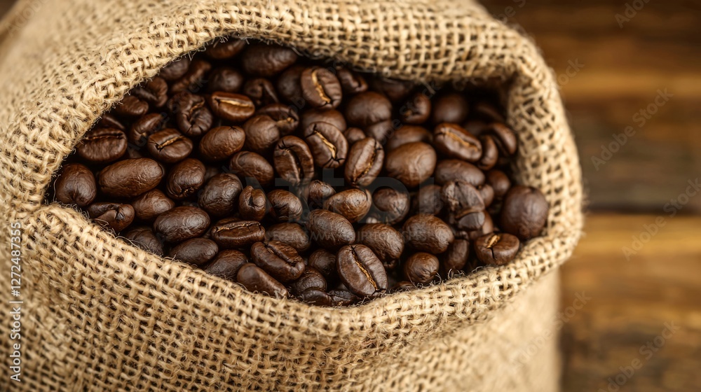 Close-up of burlap sack overflowing with roasted coffee beans on wooden surface Close-up of burlap sack overflowing with roasted coffee beans on wooden surface
