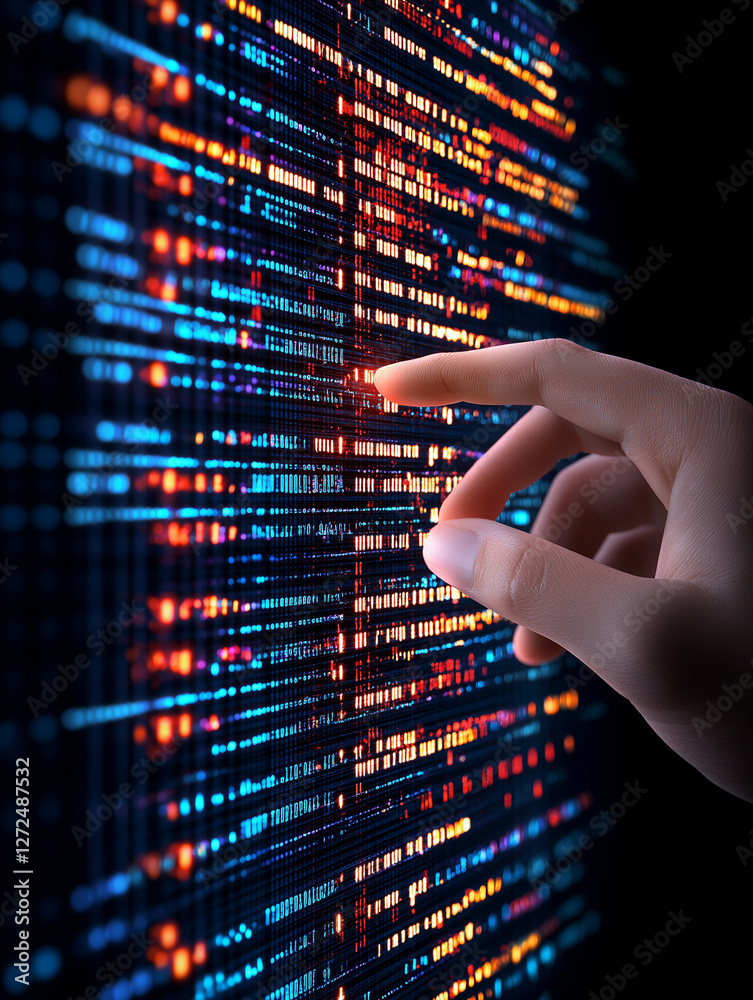 Decoding Digital Frontiers: A close-up view of a human hand interacts with a glowing display, highlighting lines of code and data. Capturing the concept of innovation and technology.