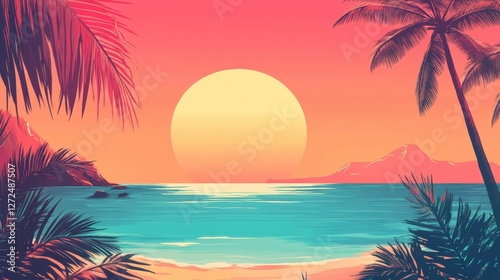 Sunset Paradise: A vibrant sunset casts a warm glow over a tropical beach scene, with palm trees silhouetted against the colorful sky and tranquil ocean.