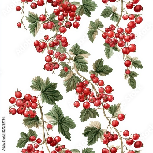 Vibrant Red Currants and Green Leaves on White Background