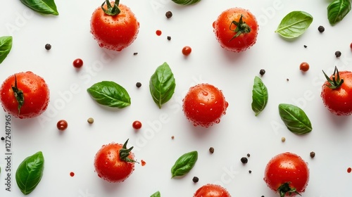 Fresh Ripe Tomatoes with Aromatic Basil and Spices on White Surface