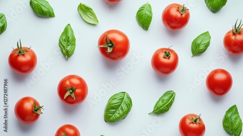 Fresh Red Tomatoes and Green Basil Leaves on Clean White Background