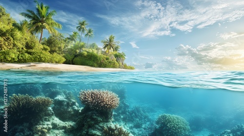 Island Paradise: A mesmerizing split-view captures the essence of a tropical island, showcasing the lush greenery above and the vibrant coral reefs below the crystal-clear waters.