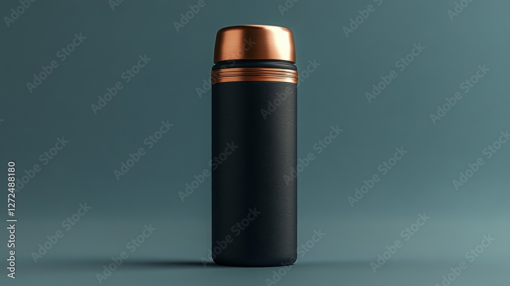 Fototapeta premium Black Insulated Water Bottle with Copper Accents on a Gray Background