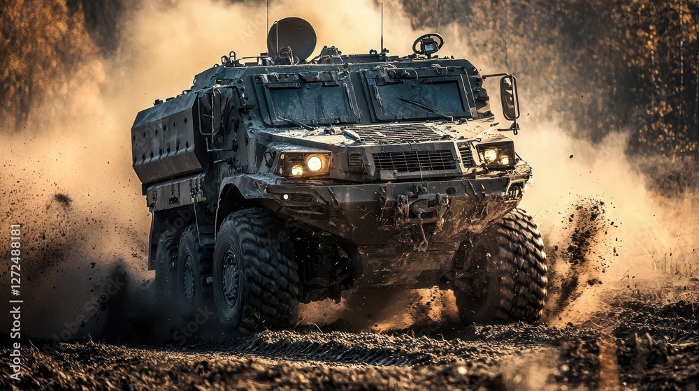 Fototapeta premium Rugged Military Armored Truck in Full Action on Rough Terrain