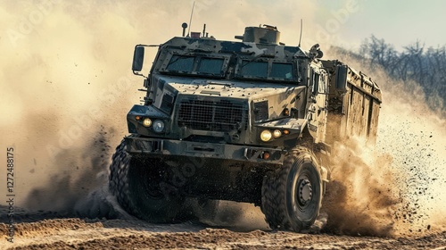 Rugged Military Armored Truck in Full Motion Kicking Up Dust