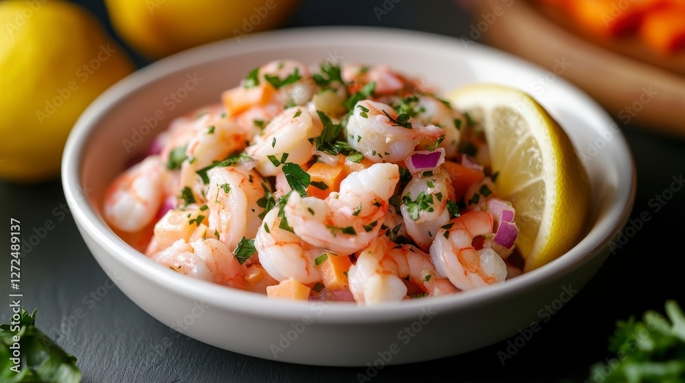 Fresh Shrimp Salad with Lemon and Herbs in White Bowl, Vibrant Colors Fresh Shrimp Salad with Lemon and Herbs in White Bowl, Vibrant Colors
