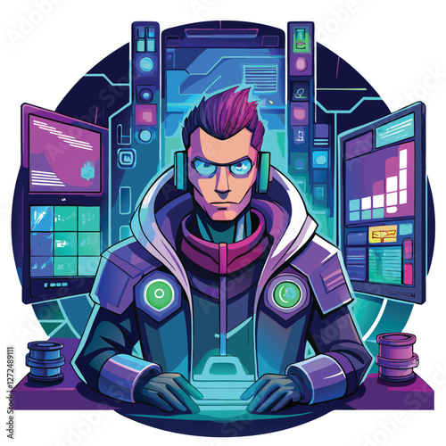 A lone cyberpunk hacker, shrouded in shadows, intensely focuses on multiple screens within a dimly lit, cluttered room, surrounded by advanced tech.