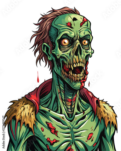 Create a gruesome image of a decaying zombie, showcasing exposed bones, tattered flesh, and a horrifyingly realistic decomposition.
