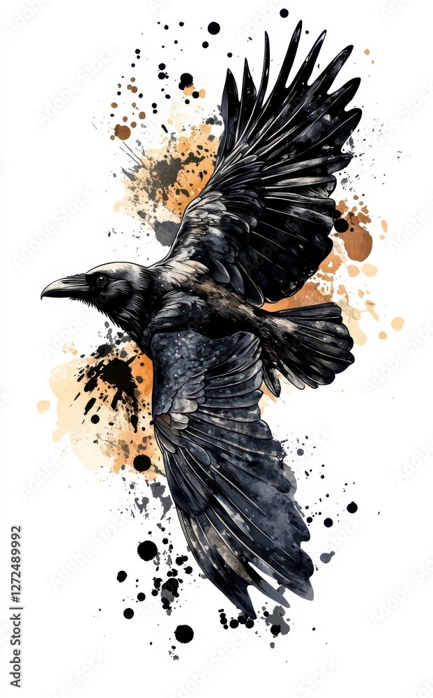 Fototapeta premium Majestic Black Raven Flying with Artistic Color Splashes