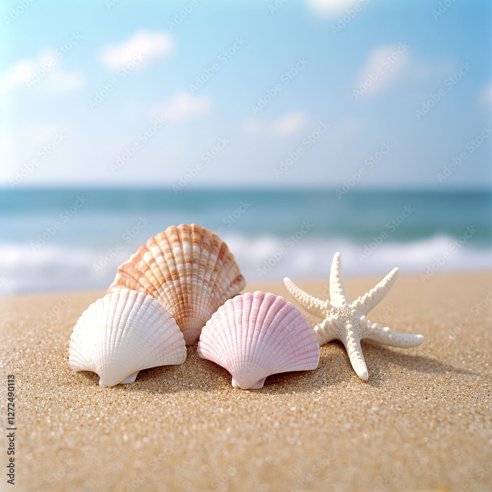 Close-up of seashells and a starfish on a sandy beach with ocean waves in background Close-up of seashells and a starfish on a sandy beach with ocean waves in background