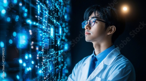 Scientist studying digital data on a large screen.