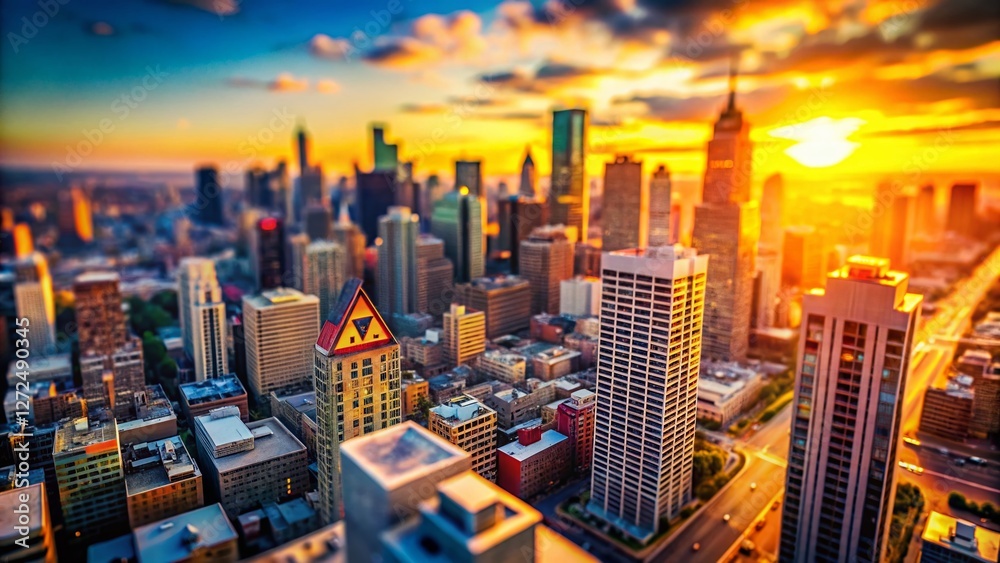 Fototapeta premium Miniature Cityscape: Financial District with Warning Sign - Tilt-Shift Photography