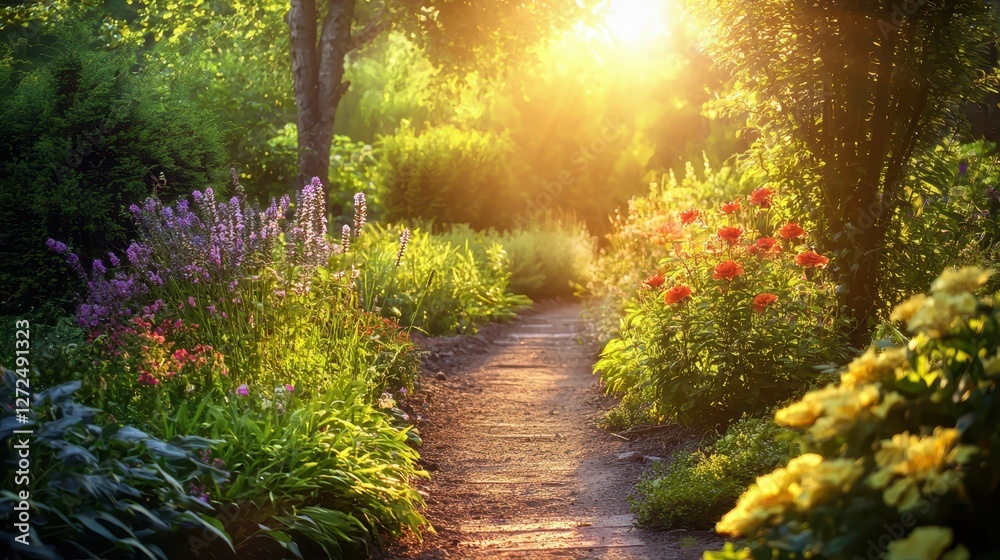 Serene Garden Path at Sunrise with Gentle Light and Colorful Flowers Serene Garden Path at Sunrise with Gentle Light and Colorful Flowers