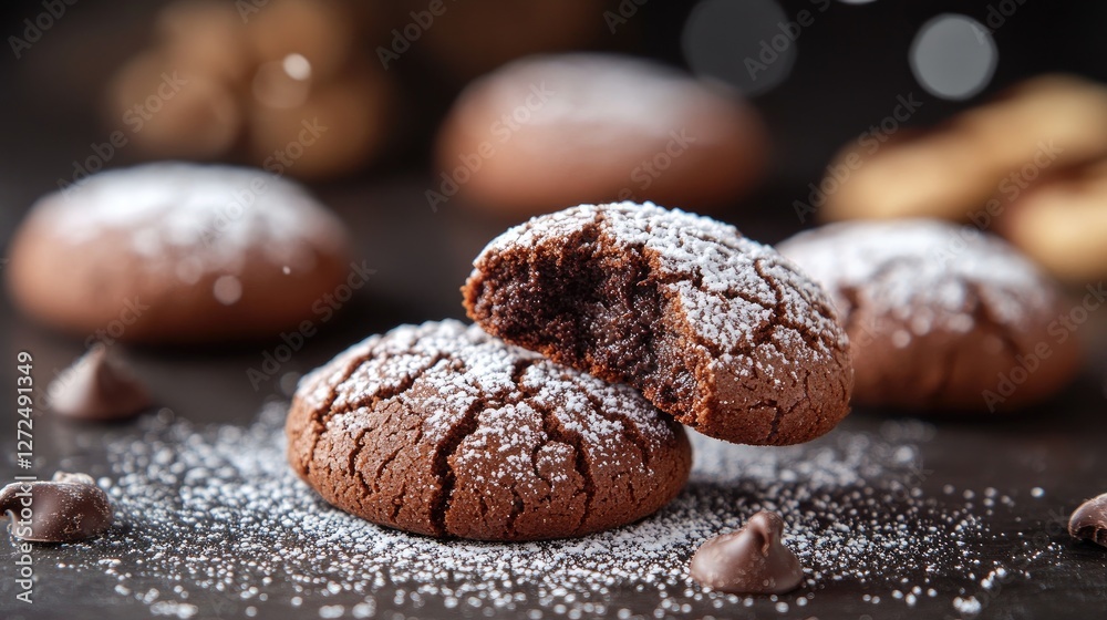 Delicious chocolate cookies, powdered sugar, close-up, dark background, baking Delicious chocolate cookies, powdered sugar, close-up, dark background, baking