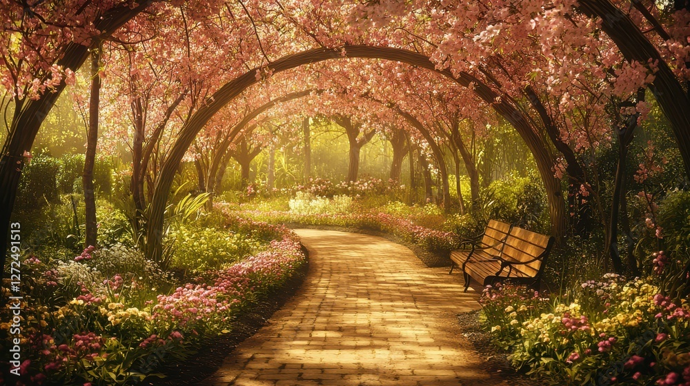 Serene Garden Path with Tranquil Seating Under Floral Arches Serene Garden Path with Tranquil Seating Under Floral Arches