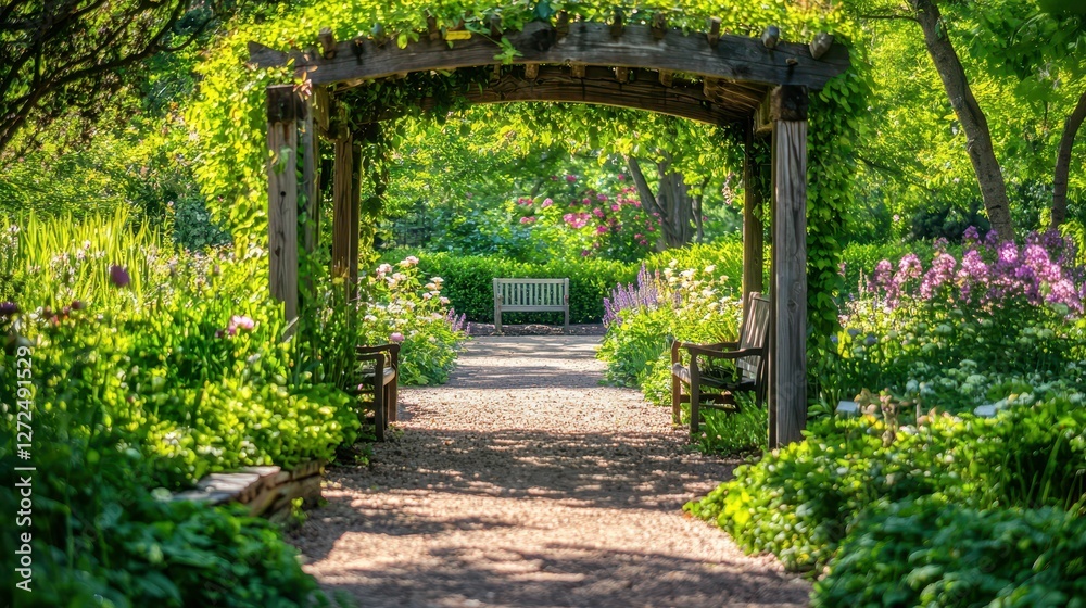 Serene Garden Path Leading to Tranquil Seating Area Surrounded by Nature