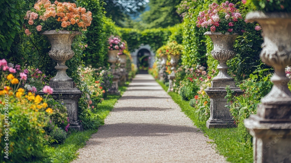 Serene Winding Path Through Elegant Flower Garden in Full Bloom Serene Winding Path Through Elegant Flower Garden in Full Bloom
