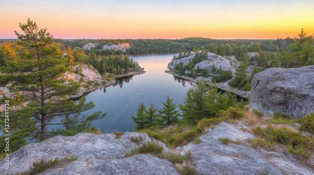 Fototapeta premium Serene Sunset Over Rocky Lake And Forest