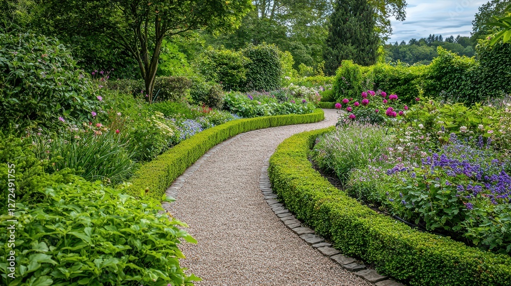 Serene Winding Path Through a Lush Garden Filled with Colorful Blooms Serene Winding Path Through a Lush Garden Filled with Colorful Blooms